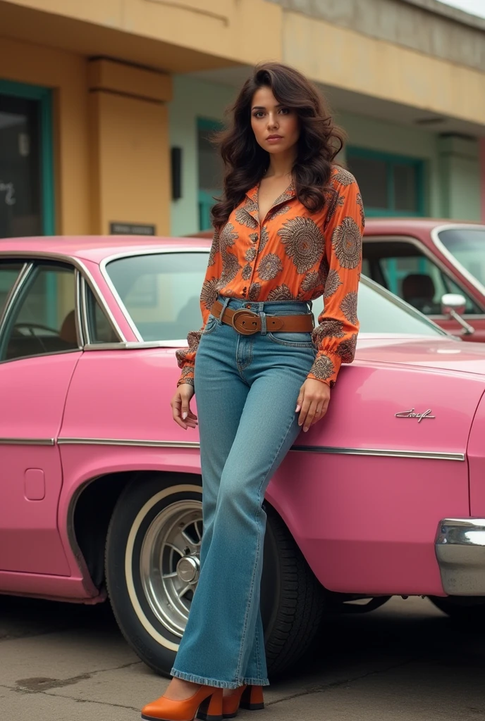 Create a photorealistic image of a 5'11" tall, green-eyed Punjabi supermodel standing confidently in front of a 1960s Ford Mustang. She is dressed in vibrant 70s attire, with flared pants, a colorful blouse, and platform shoes. The scene is set in Sacramento, CA, with the city’s iconic landmarks subtly visible in the background, capturing the essence of a sunny day. --v 5 --ar 16:9 --q 2 --style photographic