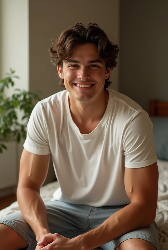 A sexy , handsome male model,with black hair,and brown eyes, he is wearing a casual unbuttoned white shirt,with folded arms, he is also wearing a innerwear under his shirt, but he is not wearing any pants, he has a very beautiful looking flaccid penis, he is looking at camera seductively with a smile