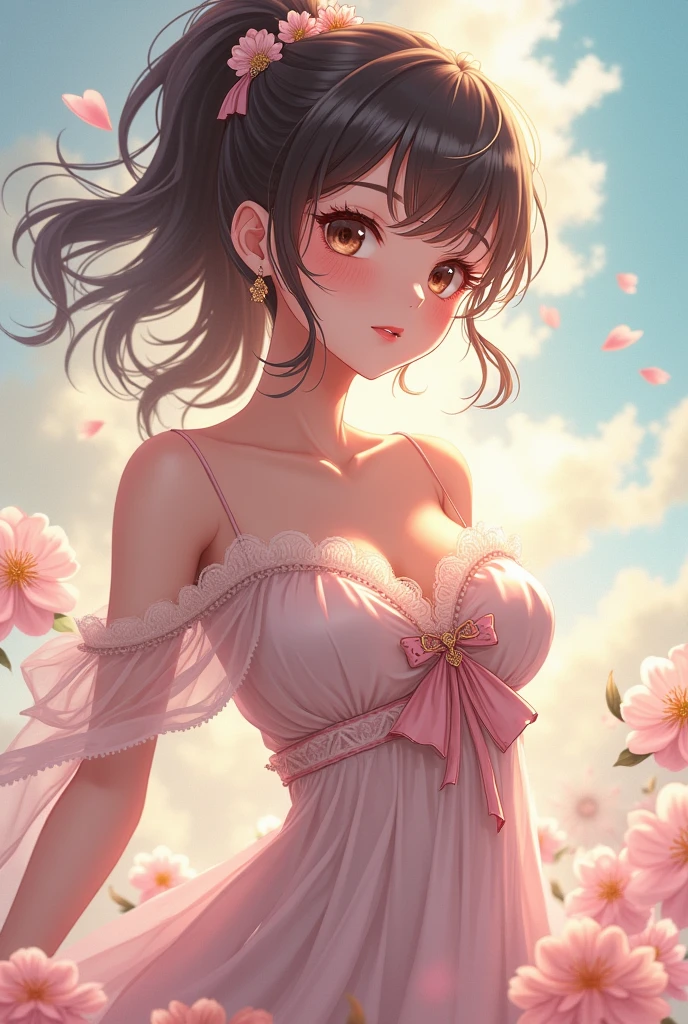 A beautiful girl in a pink dress standing in front of a wooden house, anime girl, house in the middle of the forest, short kimono dress, pink flowered dress, bare shoulders, choker with earring, big round breasts, lace stockings, looking at the sunset, brown hair, long bangs, long hair, ponytail, wavy hair, swept bangs, shiny hair, hairclip, hair flower, ribbon, jewelry, aqua eyes, glowing eyes, pupils sparkling, earrings, smile, blush, seductive smile, red lips, high detail, anime, anime style, cinematic lighting, dithering, image fill, multiple views, atmospheric perspective, perspective, Wide-Angle, f/1.8, 85mm, Nikon, 8k, super detail, UHD, retina, masterpiece, accurate, anatomically correct, textured skin, high details, best quality, highres, 16k
