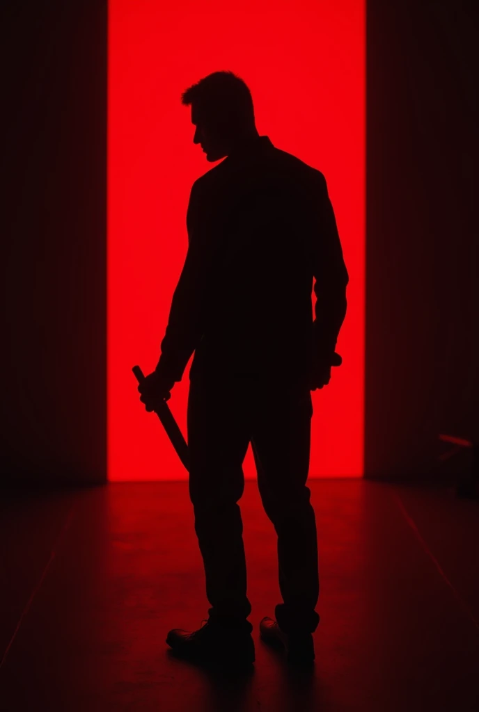 I would like a picture of a young man in the middle of a room, hitting his genitals with an axe, and the room turns red., I can see the camera turning 360° and it only lights up where the man is.. The piece is dark.