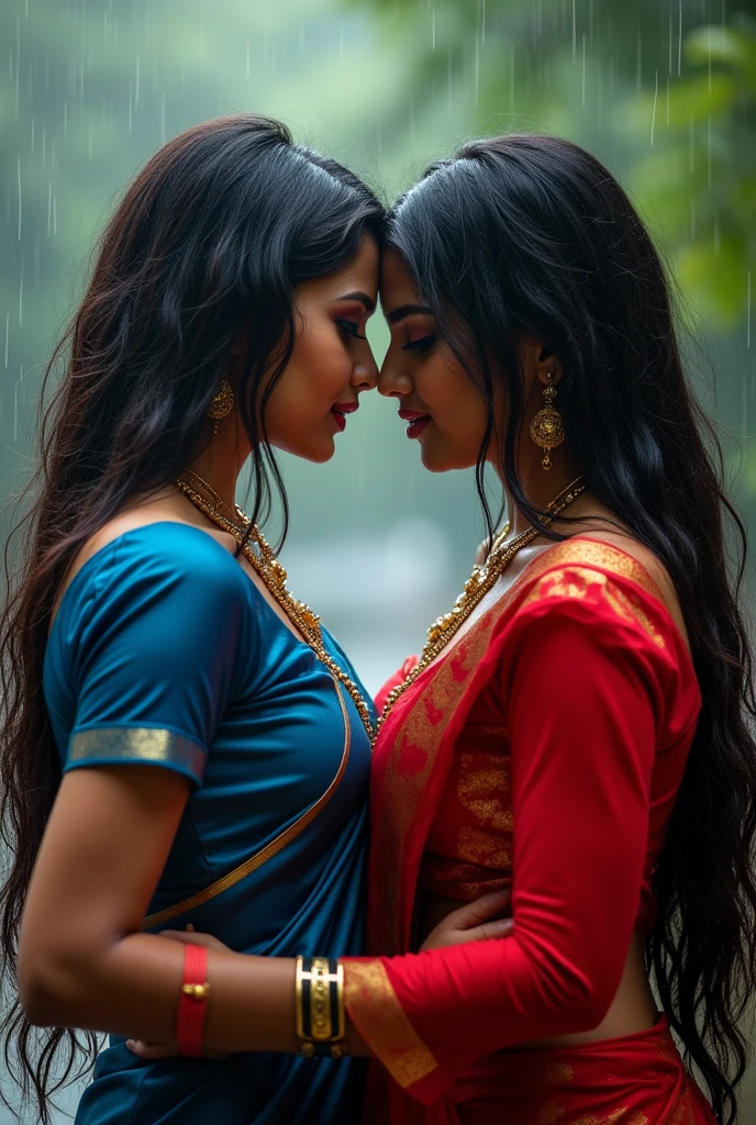 Two beautiful indian women age 30 sexy figure long hair very  big breast hair pulling fighting  grinding bodies together slapped each other face  angry stare each other in rain mud wearing saari 