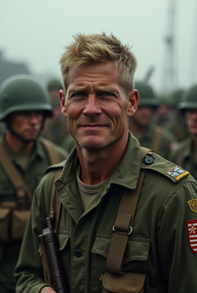 RAW photo, photo of JohSin, as a (soldier:1.3), military clothes, cap, 8k uhd, dslr, high quality, film grain, Fujifilm XT3