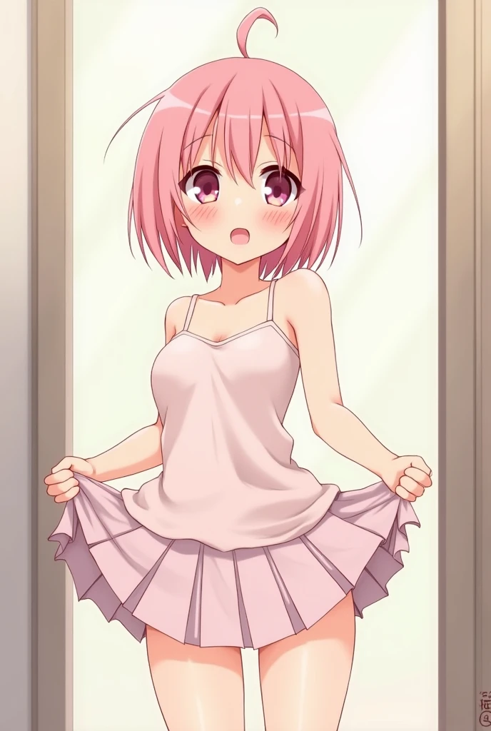 clean, {{scan}}, {{{masterpiece}}}, {{{high quality}}}, {{{animeted}}}, anime colored, {{{official art}}}, perfect body, best quality, (masterpiece:1.2), highly detailed, 2D, anime coloring, blush, lying, on back, on bed, white bed, spread legs, legs up, hands between legs, (((white lace panties, white lace tank top))), pov crotch, (flat chest:1.4), ((((Skinny)))), Slim Body, Slim waist, (((slim legs))), small hips, thin limbs, ((thin)), , slender, 1girl, madoka, collarbone, two side up, pink hair, crotch, white background, simple background, flat background, looking at viewer, cowboy shot, camel toe, navel, blush, closed mouth, shy, light smile
