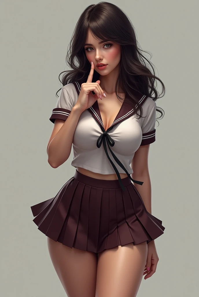 epic photo Young girl in a school uniform, With plunging neckline, Medium and perky breasts, with white shirt, tie, pleated blue skirt Hyper realistic, Artwork, Full body, sensual pose, Cinematic, 8K, HDR. a based on the fantastic. hyper realistic style; --auto --s2