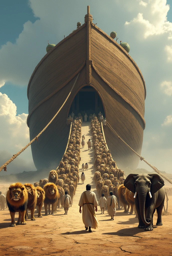 create a biblical image of Noah's ark, and animals of all species climbing the ramp to enter the ark, the ark is on dry land