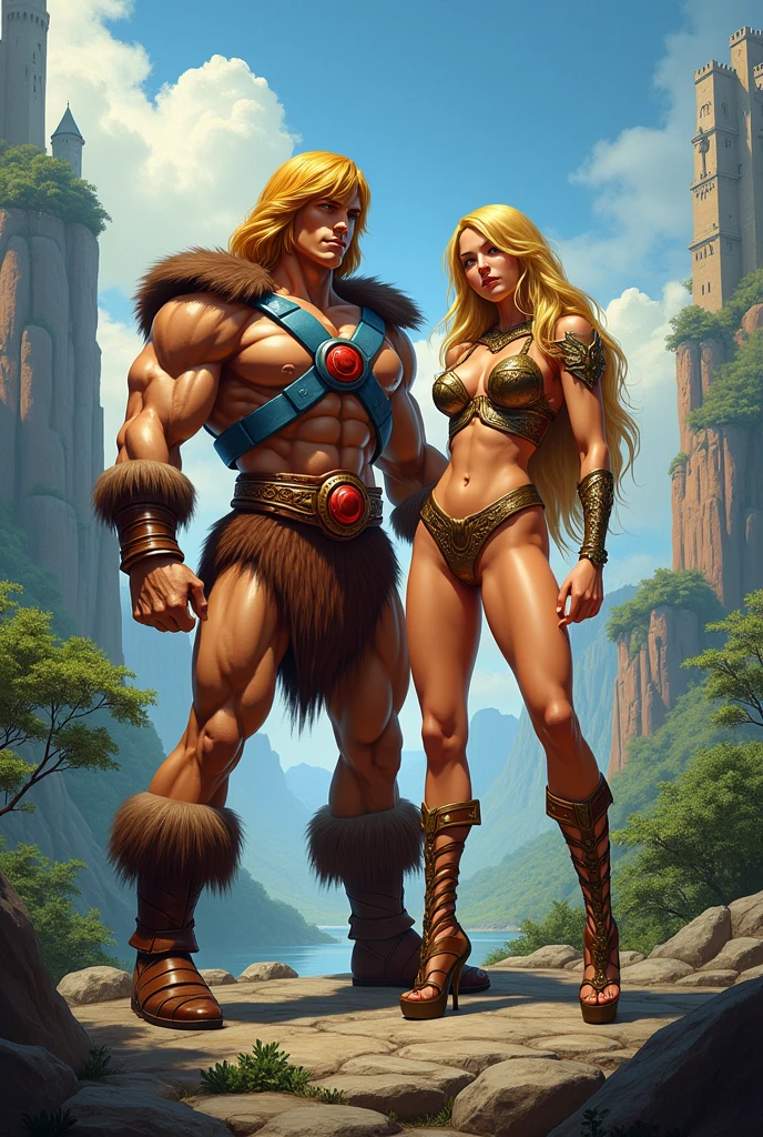 masterpiece, best quality, (extremely detailed CG unity 8k wallpaper), (best quality), (best illustration), (best shadow), absurdres, realistic lighting, (Abyss), beautiful detailed glow, a drawing of a man in a kilt holding a bag, conan the barbarian and red sonja illustration, barbarian, male barbarian, female barbarian, style of frank miller, frank miller style, by Frank Miller, frank frazetta manga style, frank frazetta style, tanned barbarian warriors, strongman beautiful orange haired woman, picture of an adult male and female warrior, fur-clad barbarian and steal ring bikini wearing woman holding a steal sword, muscular character. summer day, blue sky, grass field
