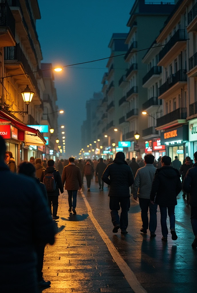 people walking on a  day, anarchist city with Portuguese architecture. anarchy atmosphere.