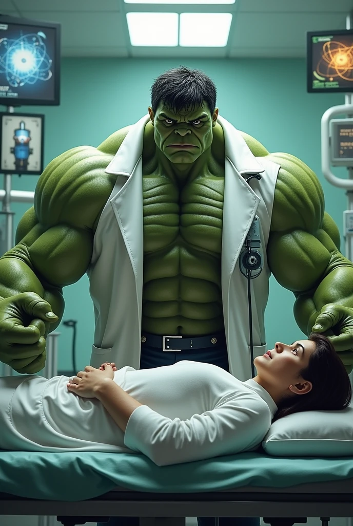 Hulk 2, a very handsome Hulk, very muscular, Shirtless, purple shorts, green skin, destroying a hospital