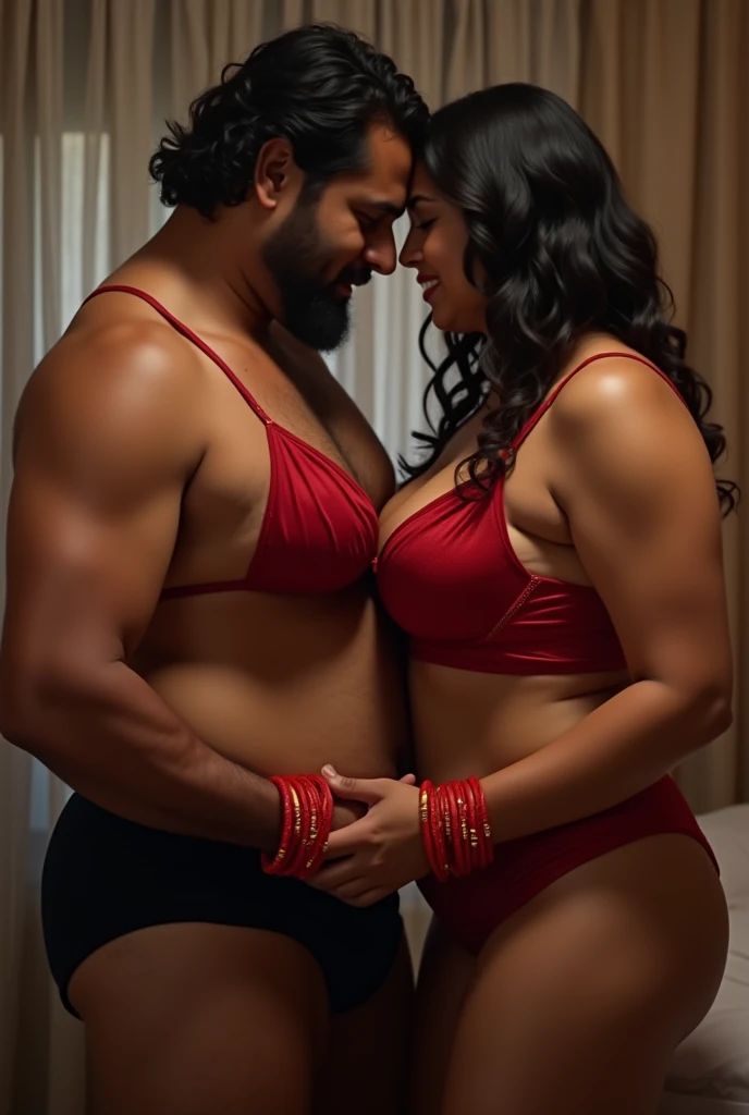 Newly wed indian couple, hot slim curvy south indian milf with single plaited hairstyle, big breast, big hip, very big ass, thick thighs, woman wearing micro bikini, cleavage, indian couple, very short indian brown man with buzz cut, very big muscular body and beard, man wearing shorts, woman with man, couple in bathroom, high resolution, couple looking at camera, tall woman and short man, close-up potrait, Closed Mouth, serious face, front full body view, 