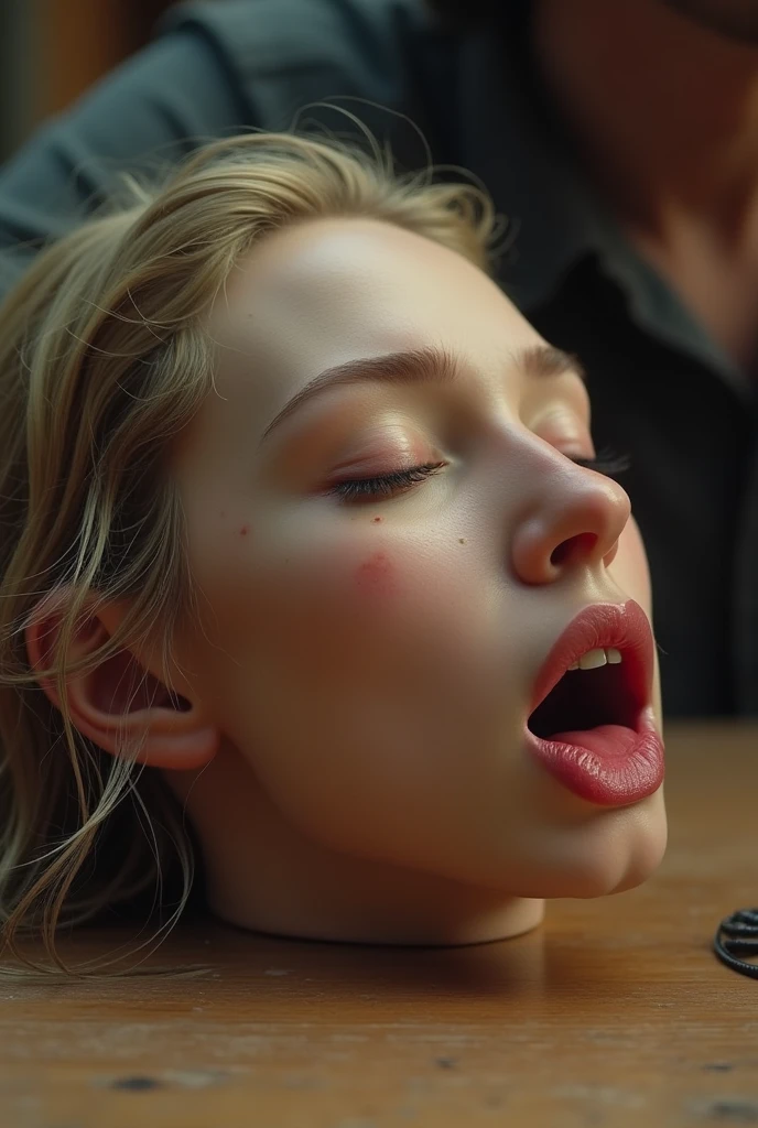 nude, lying on bed, (slave collar:2.0), realistic dull skin texture, viewed from above, legs open, (tied up:1.9), (handcuffed:1.6), (large breasts:2.0), arlwnter woman, Ariel Winter, (cum on face:3.0), (suffocating:2.5), (skinny:1.5), (choked:2.0)