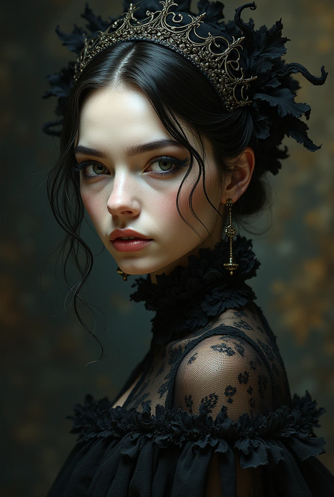 A closeup of a woman with a flowery head and a black dress, arte assombrosamente bela, natalie shau, bela arte digital, lindo arte digital, karol bak uhd, estilo de Karol Bak, linda arte digital linda, Natalie Shau Tom Bagshaw, bela arte digital, retrato surreal bonito, arte digital impressionante, Arte Surrealista Emocional