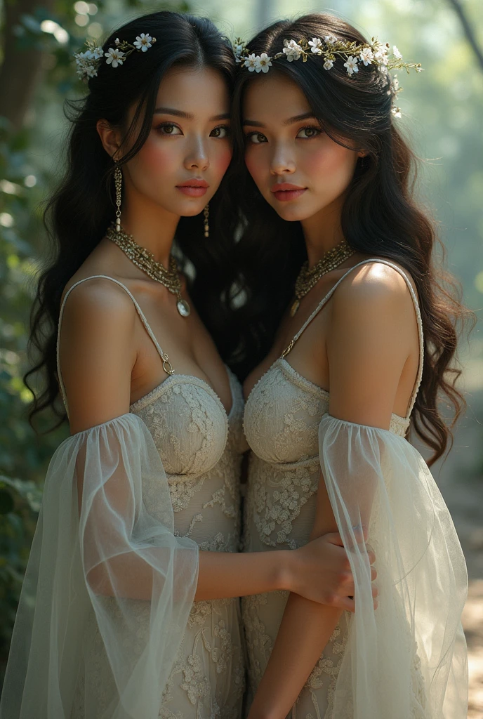 2girl, two beautiful Malay woman, purple kebaya dress, long straight hairs with ornaments, heavy make up, red lipstick, curvy body, thick tighs, large breast, absolute cleavage, natural skins, flower garden background, bokeh, realistic, hd