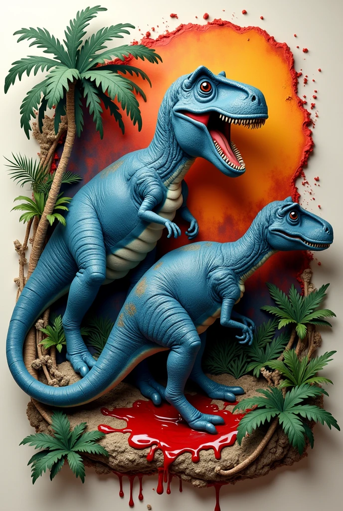 A naked cave woman is working in the kitchen, her pet blue velociraptor is asleep on the couch