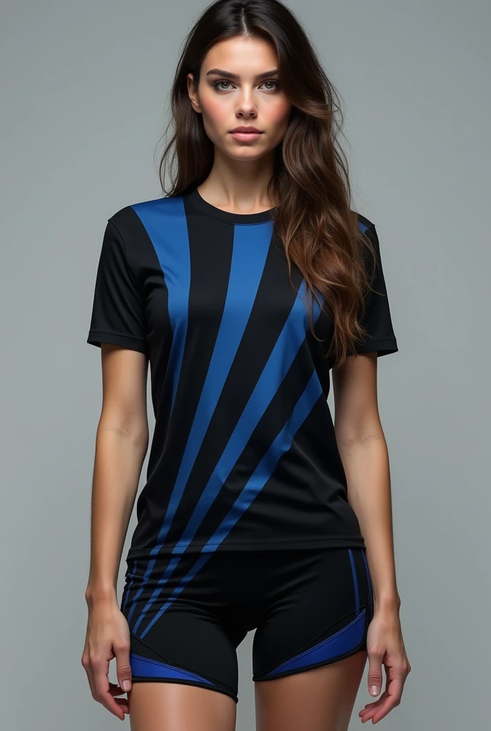 Women's v-neck long-sleeved soccer t-shit in black, blue and white