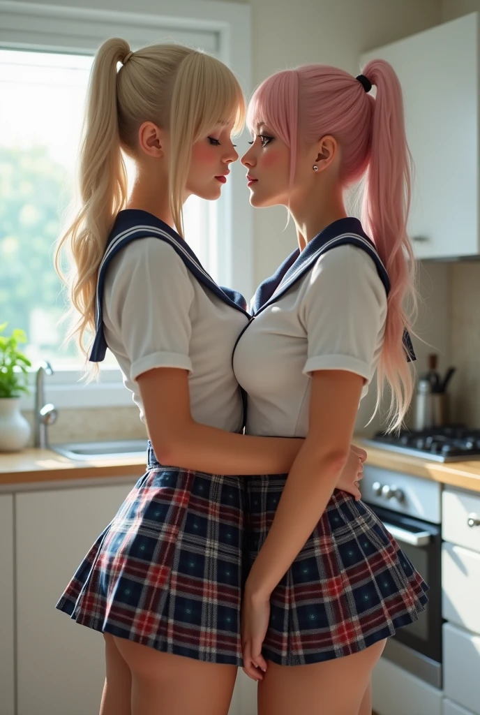 ((Two Girls)), ((Highest quality)), (Very detailed), (Very detailed CG synthesis 8k wallpaper), Realistic、Very detailed, High resolution raw color photos, Professional photography, (Kissing)、(Beautiful Big 1.2)), ((topless)), Chest Details, , (Cleavage:1.2),(Pink flower hair ornament), peanut butter brown hair, Great face and eyes, School, Crude room, Camel Toe,Not wearing a bra、Over the knee socks、Pleated skirt、Skirt Lift、Absolute area、Sheer Micro Bikini、
