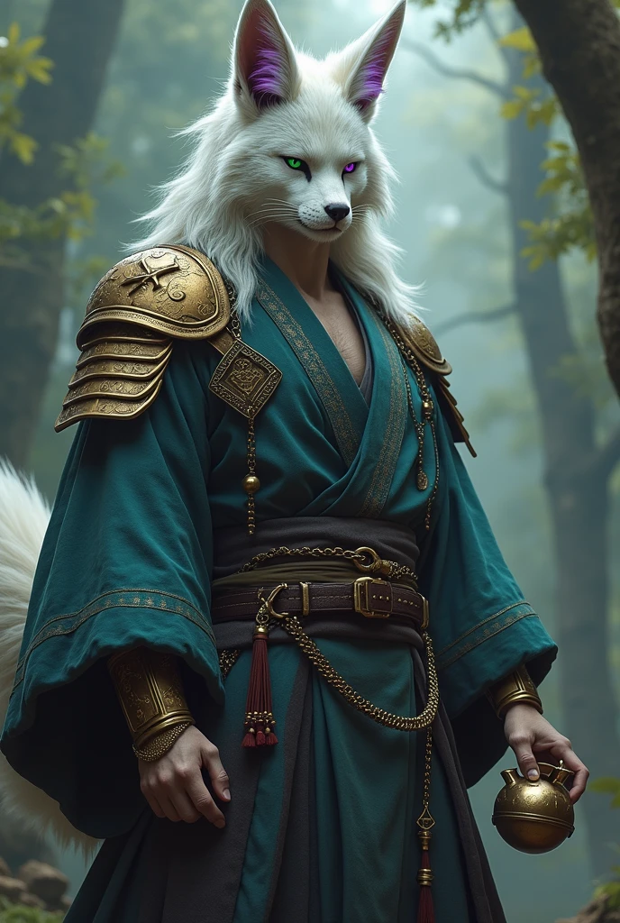White wolf beastman、He's wearing an eyepatch on his left eye。I'm not wearing a jacket over it、Black vest and white shirt。
It has a long tail with a black string that wraps around it.。