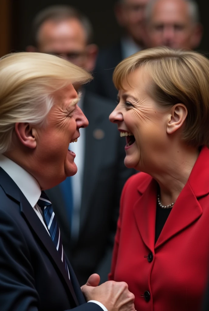 close portrait of 20yo cra girl and d.trump hugging in garden in bright sunlight ,upper body half, view to camera