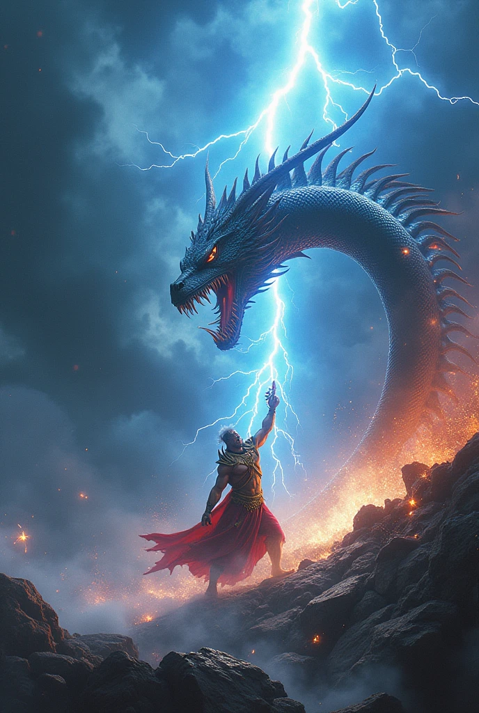 The God of Thunder faces the mighty Jrmungandr in battle. Jrmungandr is a giant dragon, a monster cloaked in fire and flame. As they battle under the night sky, thunder crackles down from above.
