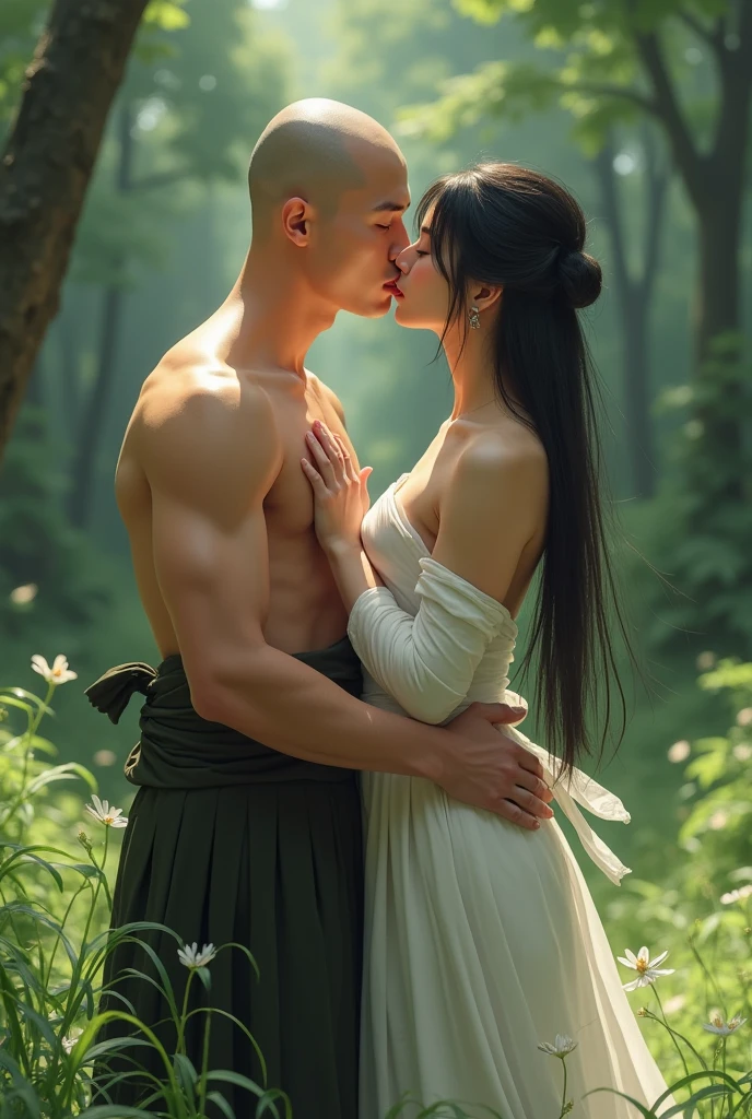 Ancient China, Tang Dynasty, naked woman standing in a Hanfu bedroom above the lips of a young man in a waterfall stream.