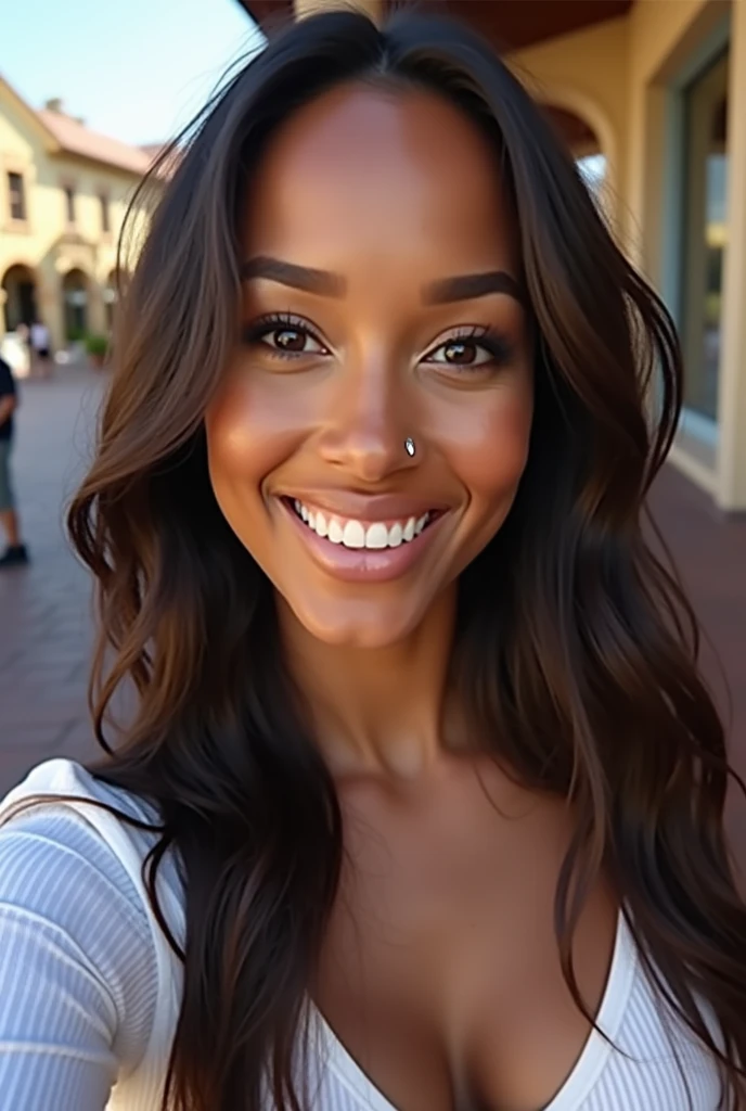beautiful like Jasmine Tookes highlights, wering casual clothes, light brown skin, american girl her skin is light brown, brown skinned, golden skin tone, gorgeous and beautiful taking a selfie highly gorgeous beautiful woman, Beauty 1 people, 1 people beauties, Casual clothes, A hyper-realistic, ligh smile expression, in Disneyland hiquality, 2, Nikon, Canon, Fujifilm, HD, 4K, 8k 16k