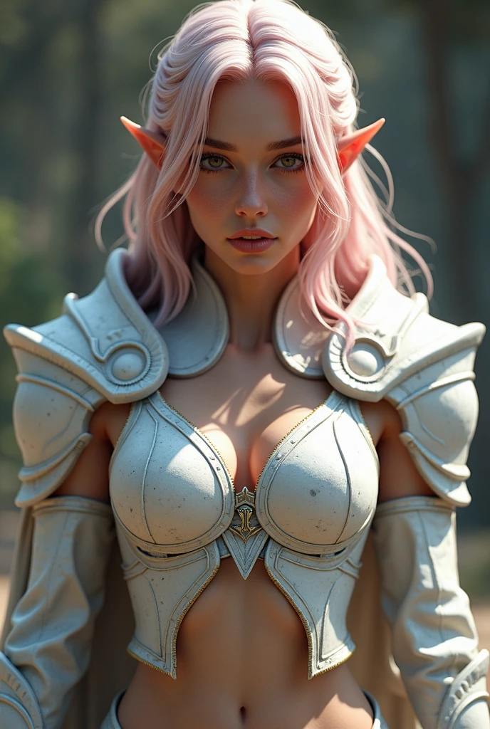 ((perfect anatomy:1.2,realistic:1.3,RAW Photography:1.3,masterpiece、highest quality、Ultra - High resolution、High resolution、Highly detailed CG、8K)), 1 female elf warrior in her prime, with a toned and athletic physique honed for combat, Clad in intricately crafted white lion armor, alluring ,overly revealing,(((exposed breasts))), unzipped:1.2, ((breasts popping out)), ((costume is unzipped from her chest to her vagina)), narrow waist, wide hips ((bare chest)), slender body, thigh gap, (oily skin,gleaming skin,pale skin,sweat:1.2), include flowing pink hair that complements the lion theme, The armor should have a white lion head fur, being overly revealing, This elf possesses an ethereal beauty, with flawless features and captivating eyes that radiate intelligence and naughtiness, Her expression should be one of captivating focus, with a hint of a firm resolve that speaks volumes about her unwavering spirit, Let the pose and the design of the White lion armor hint at her strength and sexiness being overly revealing, Show skin, full body, NSFW,