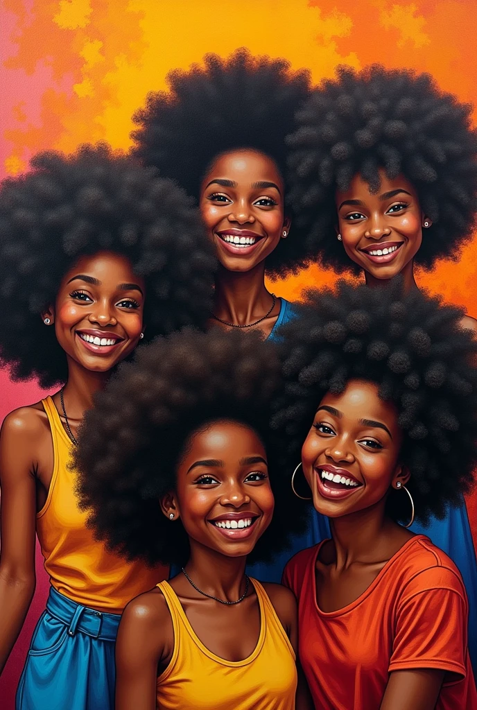 three women sitting on couch with pillows talking to each other, realistic artstyle, (the white-skinned caucasian blonde girl wearing a clown rainbow colored afro wig) in the center is nude (she is excited, sexually aroused, and ecstatic), she thinks it is funny, the girls off center are big bone black skinned african girls with big afro hairstyle., casual pose, realistic style, black-skinned hands on white-skinned legs, official fanart, realism artstyle, hyperrealistic teen, high quality fanart, background artwork, calmly conversing 8k, realistic art style, relaxed poses, 3 young and beautiful women, detailed realistic expressions, realistic picture   a black skinnd braid girl
