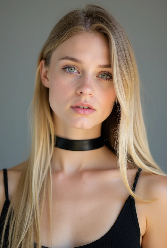 The image is a portrait of a young woman with long, blonde straight hair. She is wearing a black choker around her neck, which is made of a shiny, shiny material. The choker is draped over her neck and extends to her chest. She has a serious expression on her face and is looking directly at the camera. The background is a neutral grey color, making the woman the focal point of the image. The lighting is soft and natural, highlighting her features.