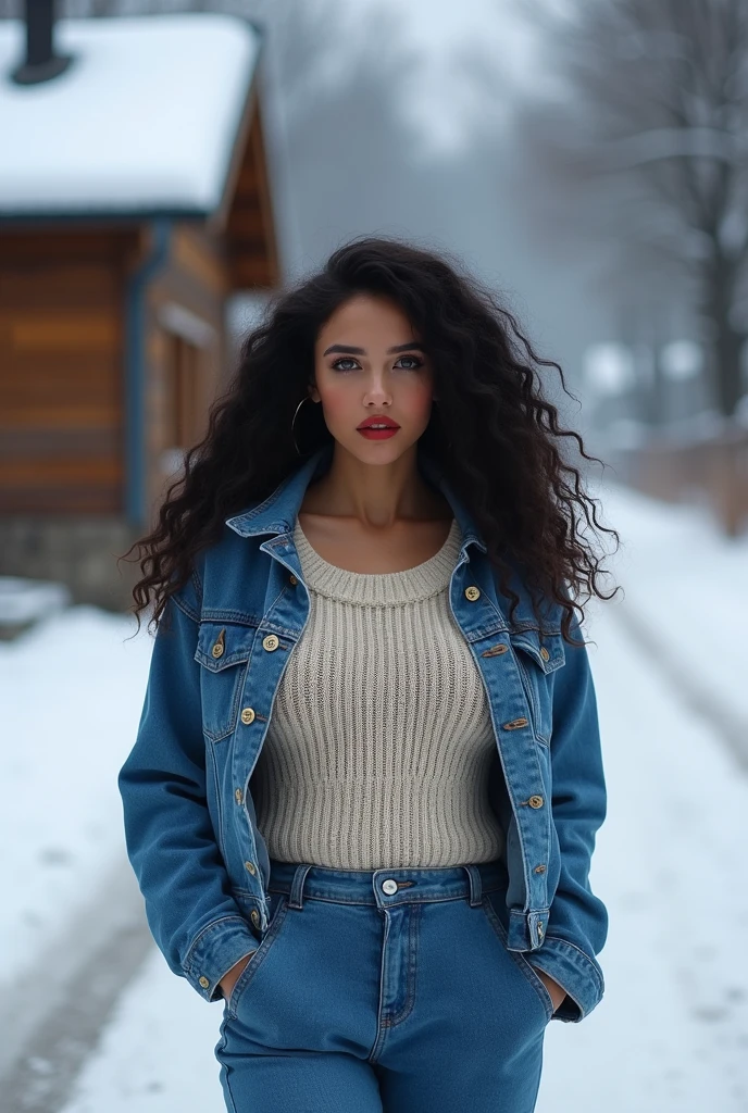 （black woman：1.5)、（Black skin),Emilicia Gomez, tall, beautiful model、Gorgeous, Spanish descent, Age 23, Smooth skin, Black hair. small tits, hotpants, Simple Silver Cross Necklace, Work in an underground base, Highly detailed, with light glowing,  8K, Checking artifacts,  Amazing detail, stand full body Esbian、Dynamic Pose, wearing jeans and a sweater and scarf, snowing background