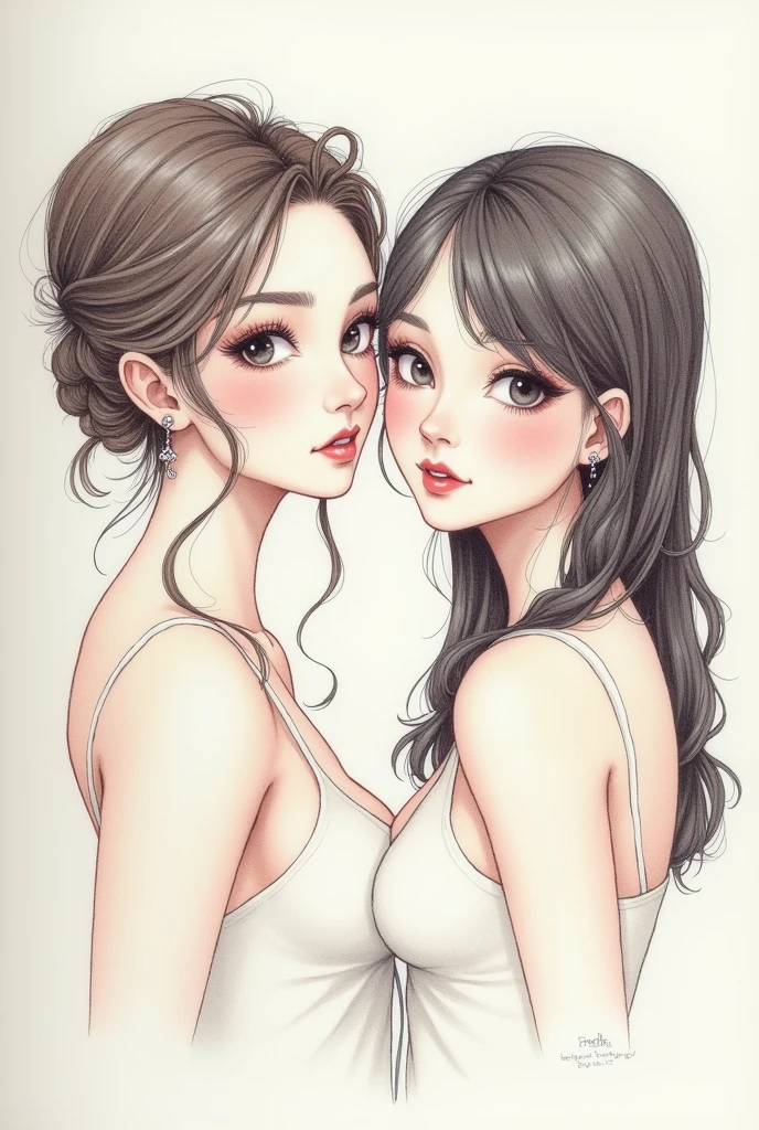 <lora:alice2:1.0>, 2girls, bare shoulders, blush, face-to-face, long hair, looking at another, lying, monochrome, multiple girls, on side, open mouth, sketch, smile, wink, yuri