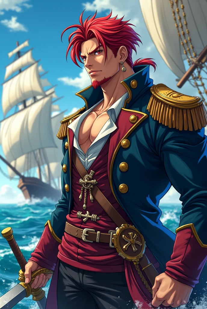 (best quality, highres, highly detailed, masterpiece:1.3), (1man, muscular adult ukrainian male:1.2), ruby eyes, auburn hair, blunt cut,, <lyco:CulturePunkBundle-000007:0.3>, piratepunkai, skin, character focus, portrait, (battlescars:0.7), looking down, solo, upper body, detailed background, angry grin, evil naval officer, pirate sailor outfit, tattoos, pirate fantasy theme, dark pirate cave, shallow water, bones, stacks of loot, too much coin to count, doubloons, treasure chests, rum, barrels in background, treasure, cannonballs,, (space_style:0.6), cosmic outer space, <lora:add_detail:0.7>