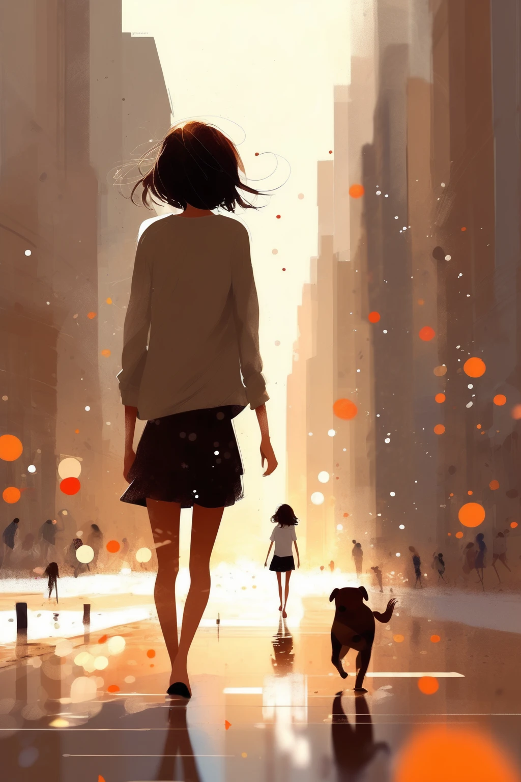 Pascal Campion Style - A lively digital illustration, 1girl, brown hair, brown eyes, walking, full body shot, depth of field, score_9, score_8_up, score_7_up, score_6_up, score_5_up, score_4_up, BREAK solo, calm style