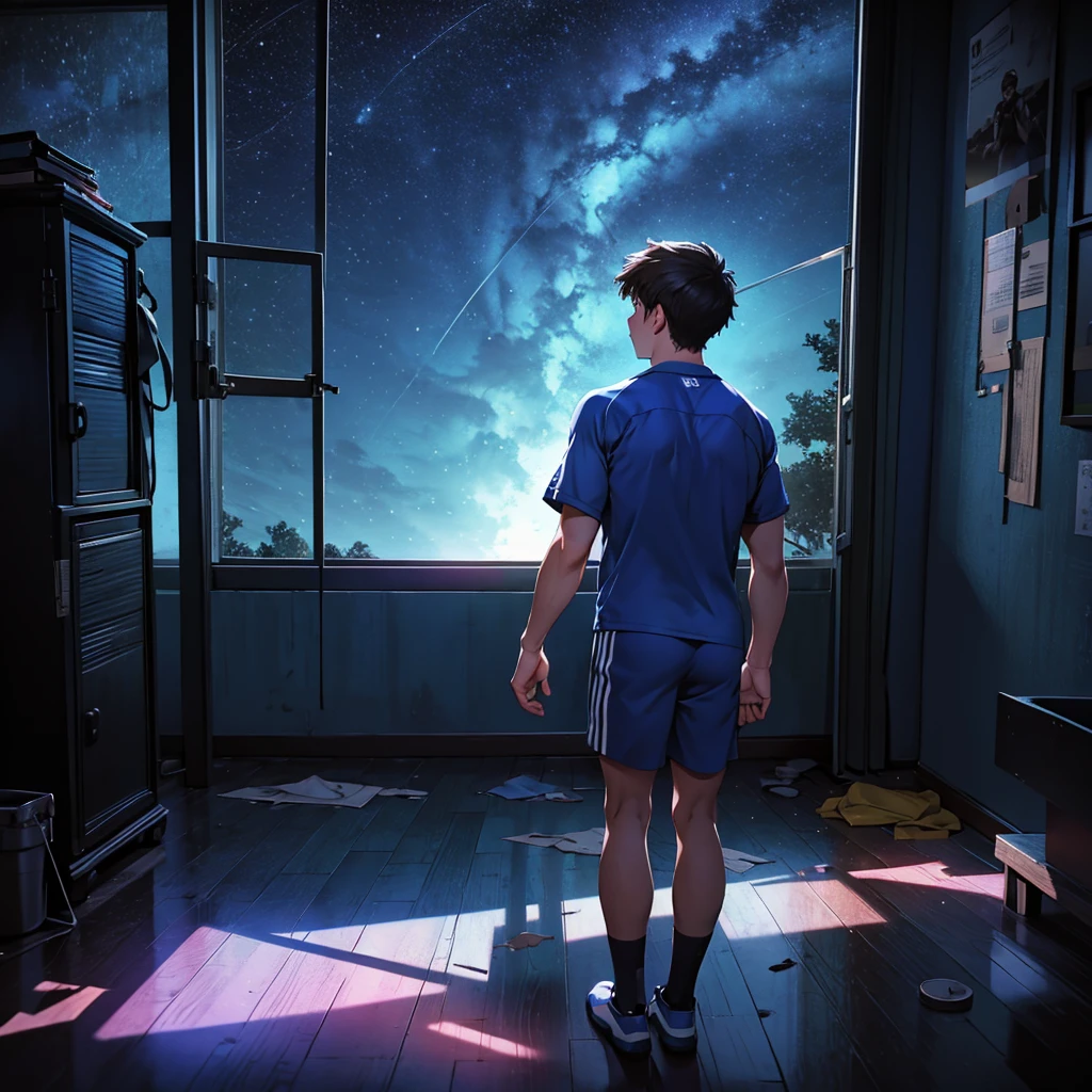 A teenage boy with a broken heart, in a room at night, in sports attire, looking out the window at the night sky.