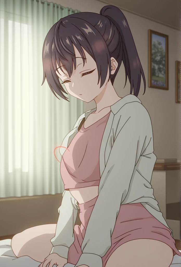 shinkai makoto, kimi no na wa. 1girl, bangs, bed sheet, open mouth, black hair, blush, breasts, medium breast, brown eyes, red bow, short hair, solo, upper body, white long sleeve shirt, cowboy shot, lying, medium breasts, on back, grey skirt, bedroom, POV, (1boy, naked boy's two hands unbuttoning  girl's shirt POV, )