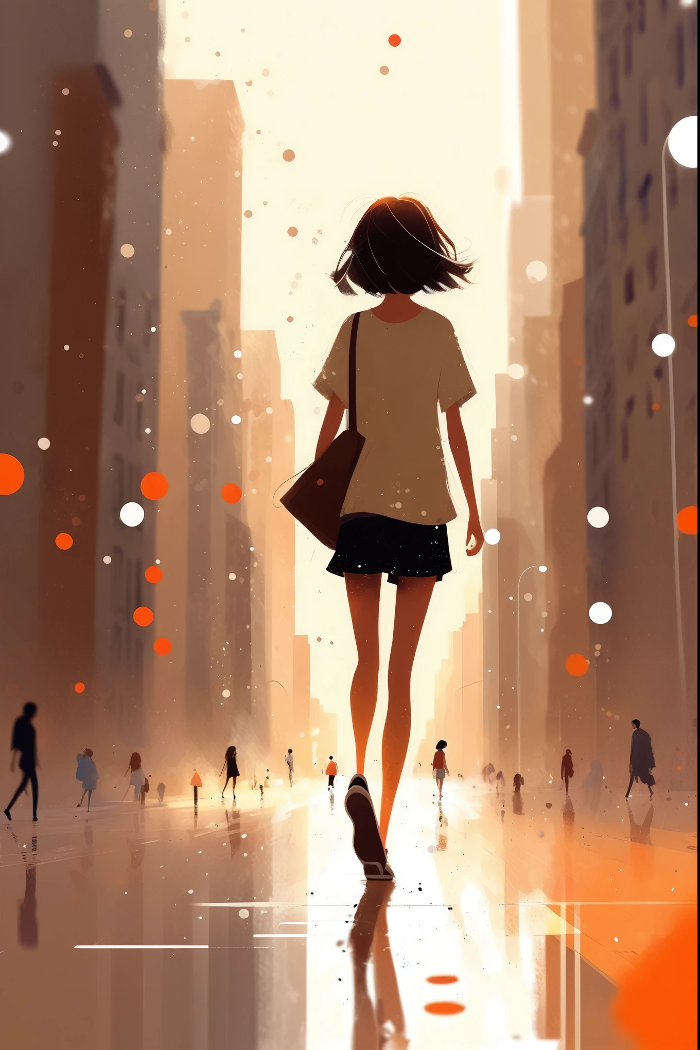 Pascal Campion Style - A lively digital illustration, 1girl, brown hair, brown eyes, walking, full body shot, depth of field, score_9, score_8_up, score_7_up, score_6_up, score_5_up, score_4_up, BREAK solo, calm style