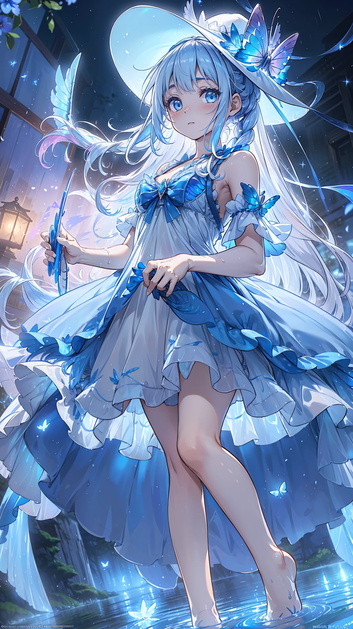  a girl , The Most Beautiful Woman in the World , Side seated , White hair, Long Bian , White hair,  blue eyes , ((( Barefoot in the water , Lightly dressed Lolita，Small hat， The dress has moving streamers ) )),  Deep Magical Forest ， Growing Neon Flowers and Fireflies ,  Colorful flowers and leaves , { Extremely Detailed 16k CG Unit Wallpaper}, Wide-ranging landscape photography, (  The focus is on characters and scenes  ), ( wide field of view ), (Low Angle Shot), (emphasize: 1.2), (Low Light: 1.7), ( Warm light source: 1.2),  Complex details , ( iridescent color : 1.5), ( brightly illuminate ), (Ambient lighting )，Butterfly，Phantom Animals ， Soul Animals
