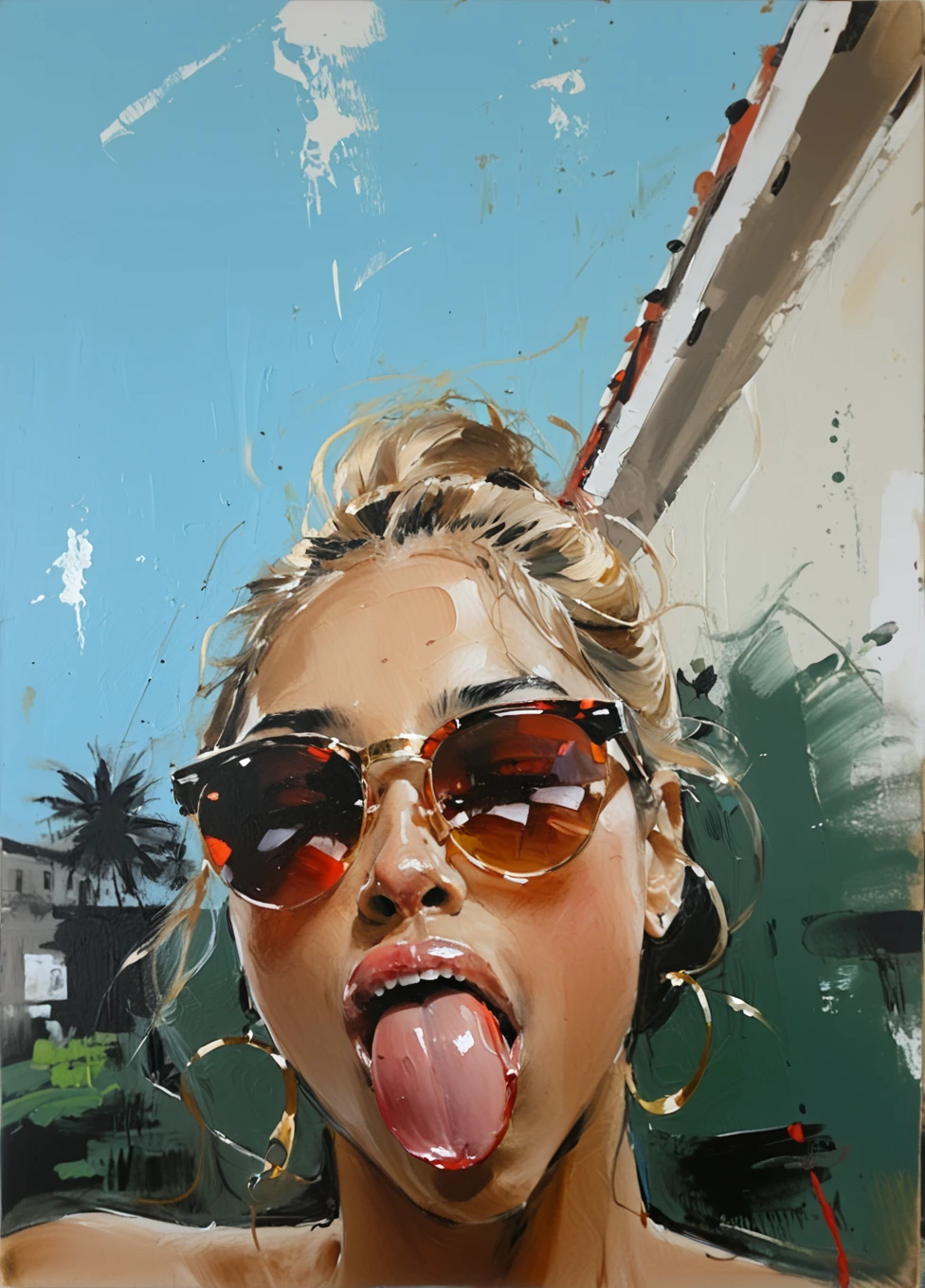 Painting by  (Fabian Perez:1.3), (Henry Asencio:1.2), (Alessandro Barbucci:1.1) ,  a beautiful, very attractive, xsexy, scantily clad, chic, mixed woman wearing stylish sunglasses, playfully (sticking out her tongue:1.3), exuding confidence and fun.., on dark background, light leaks, Acrylic Oil Painting , flat vector art , The painting is done with loose brushstrokes and vibrant rich imperial colors. The overall mood of the painting is provocative, xsensual