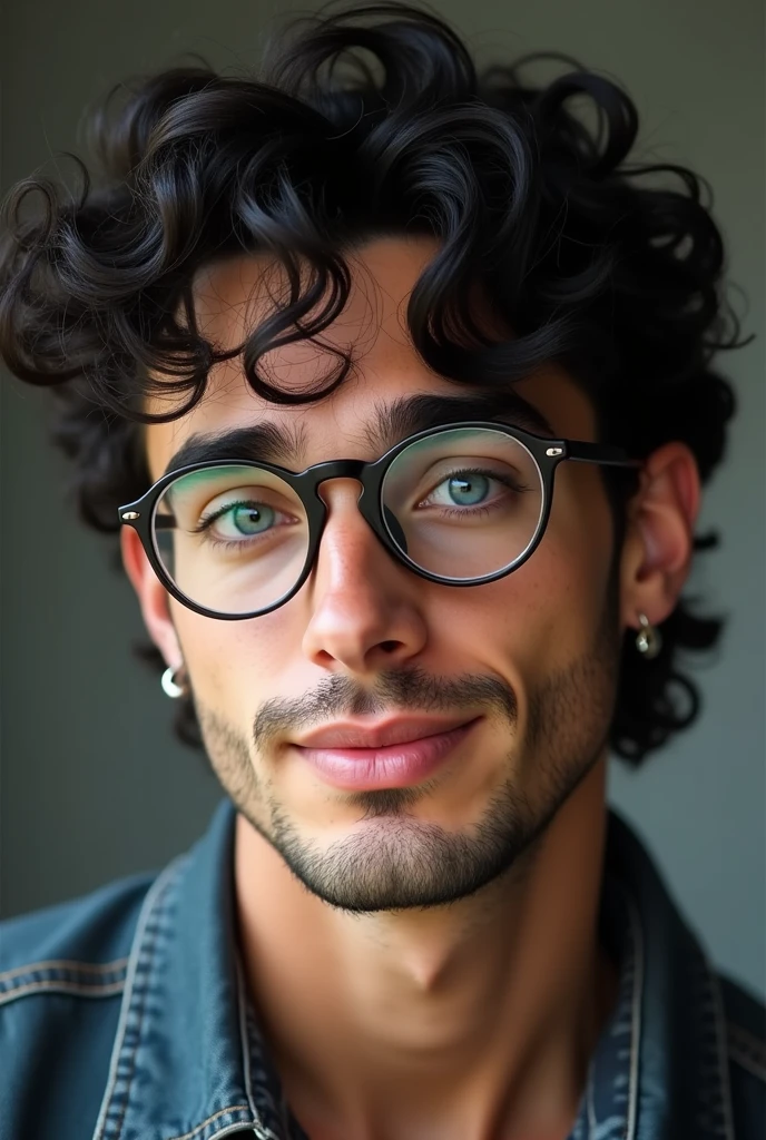 A young 22 year old white tanned man, no beard or mustache, short curly dark brown hair, medium brown eyes and slightly droopy, small mouth, large nose, slightly flat square face, slightly large cheeks, well-marked jaw, Thin, arched eyebrows, wears black hexagonal glasses with a very thin temple, has a silver plug in his left ear and a silver piercing in his left eyebrow, has tattoos on his right arm and chest.