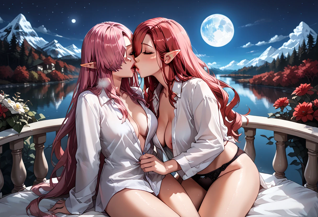 score_9, score_8_up, score_7_up, 2girls, {Afemale_and_Bfemale}, Tag1: {Afemale: Adult, Mature, Curvy, Elf Woman: 1.3, (Long Red Hair over one eye: 1.5), wearing a (Open White Sleep_Shirt and Panties: 1.3), curvy, medium breasts: 1.3} and Tag2: {Bfemale: Adult, Curvy, Mature, Elf Woman: 1.3, (Long Bright Pink hair over one eye: 1.4), wearing a (Open White Sleep_Shirt and panties: 1.3), curvy, medium breasts: 1.3}, (Sitting on lap, hand caressing cheek, on a bed by a balcony overlooking a moonlit lake at night under the full moon and aurora: 1.3), (Mouth Open, Breath Visible: 1.3), (Yuri_Kiss: 1.5), eyes closed,: 1.3), (Close-up: 1), (side: 1.0), extremely detailed, ray tracing, RTX, high saturation, high contrast, photon mapping, (sharp image), (best quality), (detailed background), (intricate details), (LowKeyLights: 1.3)