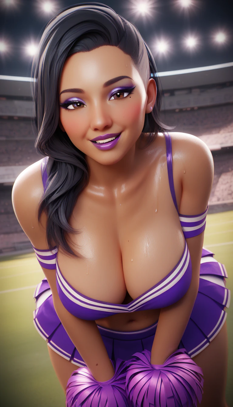 masterpiece, highest quality, highest resolution, distinct_image, detailed details) , 1 girl , solo , young person, 20's , ( large breasts  and large hips ), (attractive body, attractive face and attractive expressions and attractive eyes and attractive lips and attractive cheeks )   , ( soft hair and soft skin  )  , one black mole on left eye , soft lips , purple eyeshadow ,  purple makeup , brown eyes  ,  soft hair , black hair , hair over right shoulder , purple lips , purple fingernails , attractive women  ,  attractive girl , big bright eyes  , blush , smiling , teasing facial expressions , attractive purple cheerleader , purple large bandanna on arm , off shoulders , dark skinned , African women , cheerleader position , stadium university , sweating body , wet body , hot breath , 