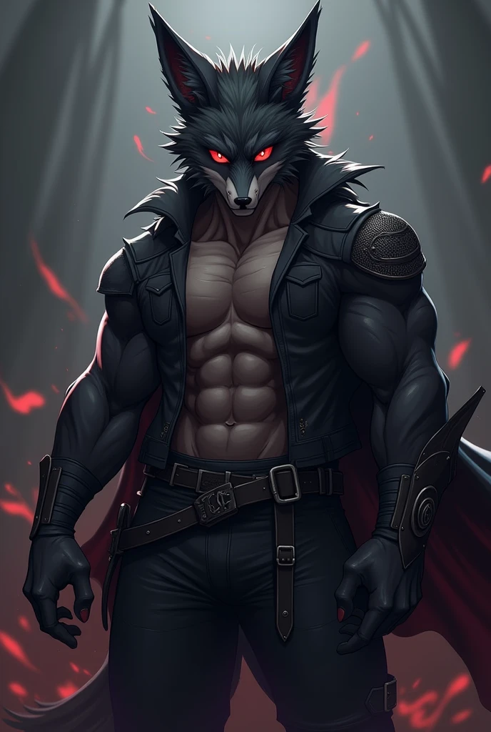 by zixiong, by lindong, by milkytiger1145,
dark theme, backlight, (circle light:1.4), magic,
anthro, solo, male, canid, wolf, (grey fur),
cloak, topless, shorts, laugh,