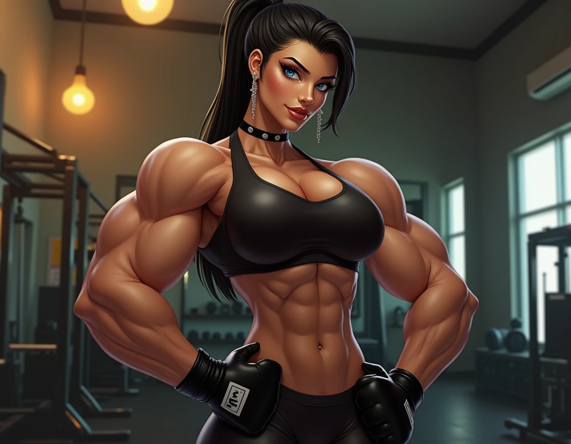 masterpiece, detailed, (realistic), beautiful young woman, body builder, young, teenager, skinny, (hypermuscle:1.3), gigantic ass, massive thighs,  (innocent expression:1.3), goth, black lipstick, black straight hair, tattoos, loose oversized grey tshirt, geadphones, gym, working out