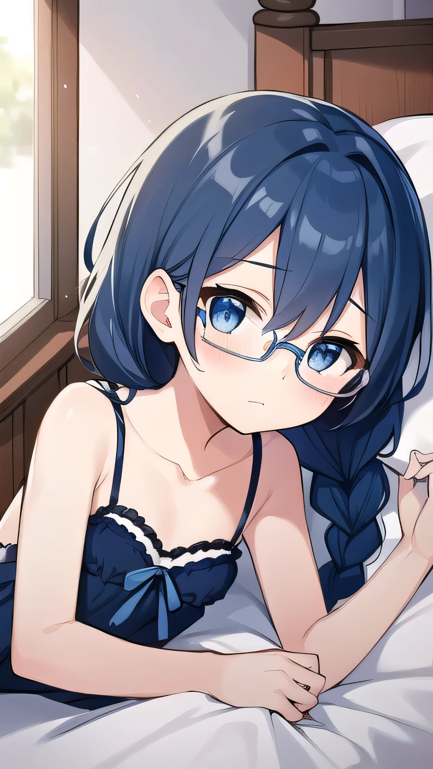 small breasted girl, short, , blue hair, single braid, blue eyes, round eyes, shy, shy, , short, young face, short height, , glasses with no edges,Lingerie Set，bed，bed,lying on back