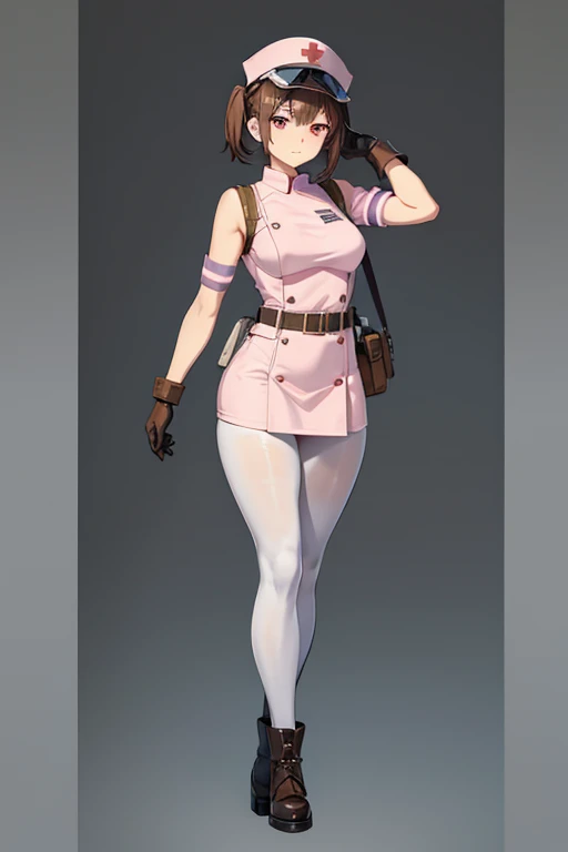  anime picture 、 full body portrait、Modern Pilots、Background blank、Female pilot standing about 175 cm tall, 28 years old, wearing a light pink nurse uniform、Wearing bulletproof goggles on his head、 wearing black tights covering the lower body 、 boots、 hairstyle is semi-long 、Brown Hair、 sharp eyesight 、Dark Eyes、Wearing a belt pouch、Wearing leather gloves、Elbow Armor、Shoulder Armor、Knee Armor