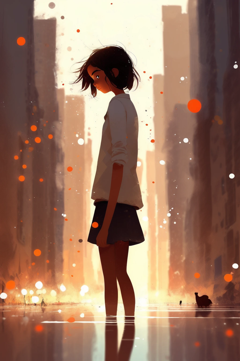 Pascal Campion Style - A lively digital illustration, 1girl, brown hair, brown eyes, facing the viewer, full body shot, depth of field, score_9, score_8_up, score_7_up, score_6_up, score_5_up, score_4_up, BREAK solo, calm style