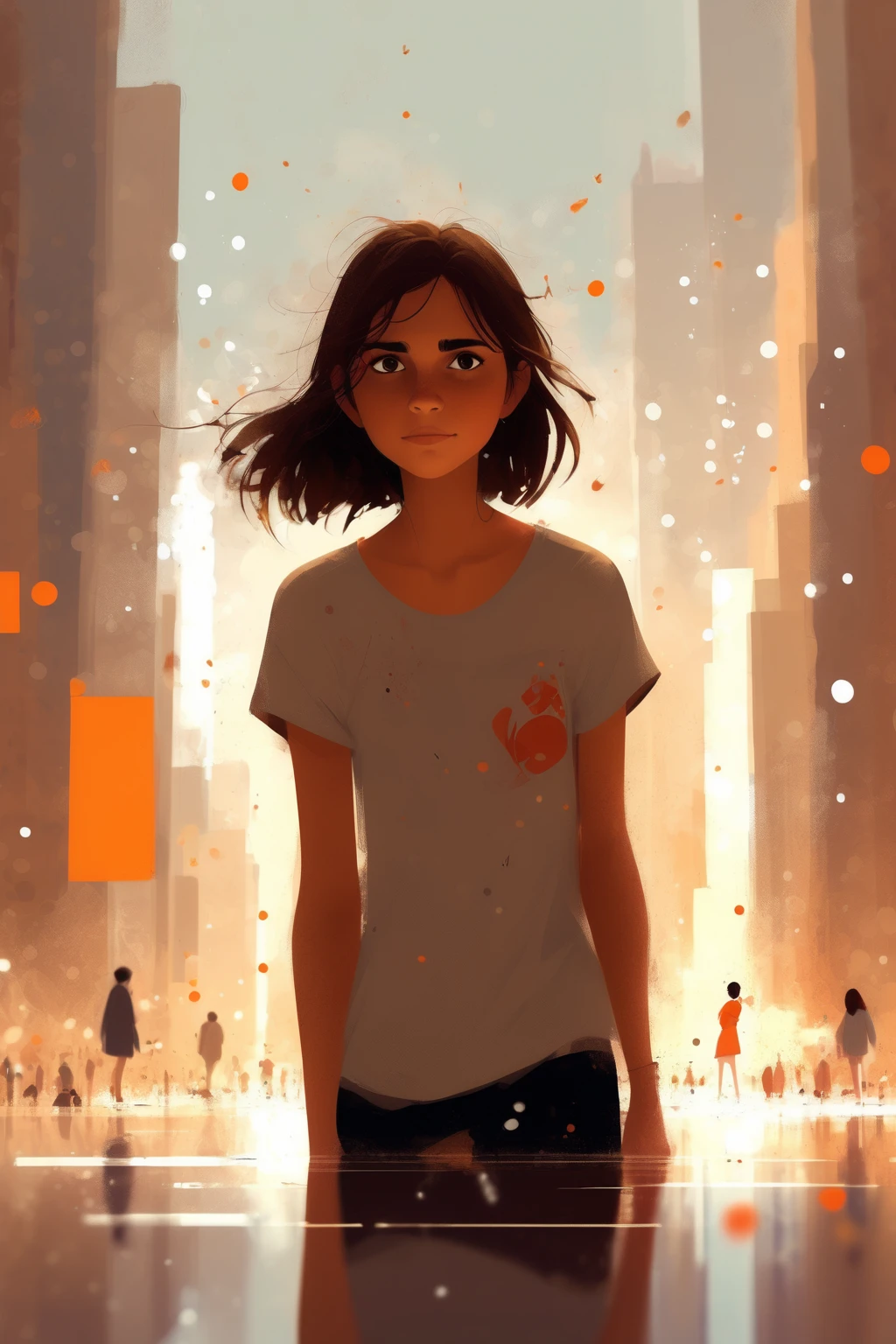 Pascal Campion Style - A lively digital illustration, 1girl, brown hair, brown eyes, facing the viewer, full body shot, depth of field, score_9, score_8_up, score_7_up, score_6_up, score_5_up, score_4_up, BREAK solo, calm style