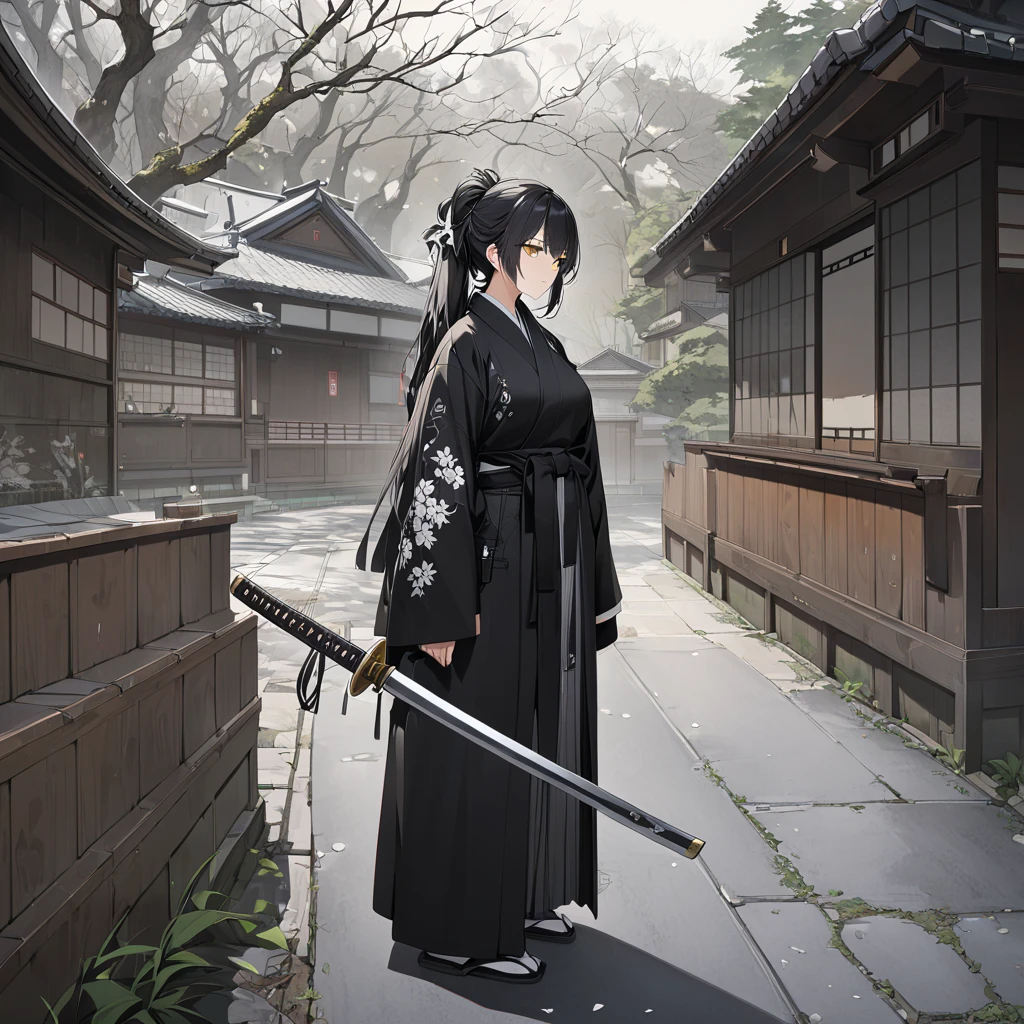 A woman wearing a traditional black kimono with white details, large breasts, black hair, long hair, ponytail hair, white bow in her hair, yellow eyes, serious face, holding a katana with sheath, standing outside a Japanese dojo, tree sakura around, concrete walkway with garden in the background,,UHD , prime work , accurate , anatomically correct , textured skin , super details , high quality , best quality, 8k, high resolution, bokeh effect. (woman alone)
