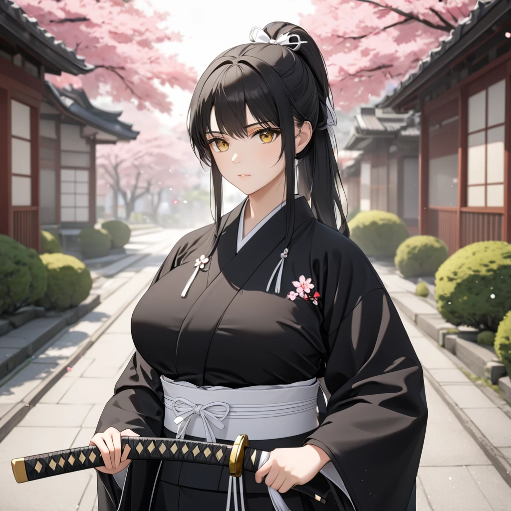 A woman wearing a traditional black kimono with white details, large breasts, black hair, long hair, ponytail hair, white bow in her hair, yellow eyes, serious face, holding a katana with sheath, standing outside a Japanese dojo, tree sakura around, concrete walkway with garden in the background,,UHD , prime work , accurate , anatomically correct , textured skin , super details , high quality , best quality, 8k, high resolution, bokeh effect. (woman alone)
