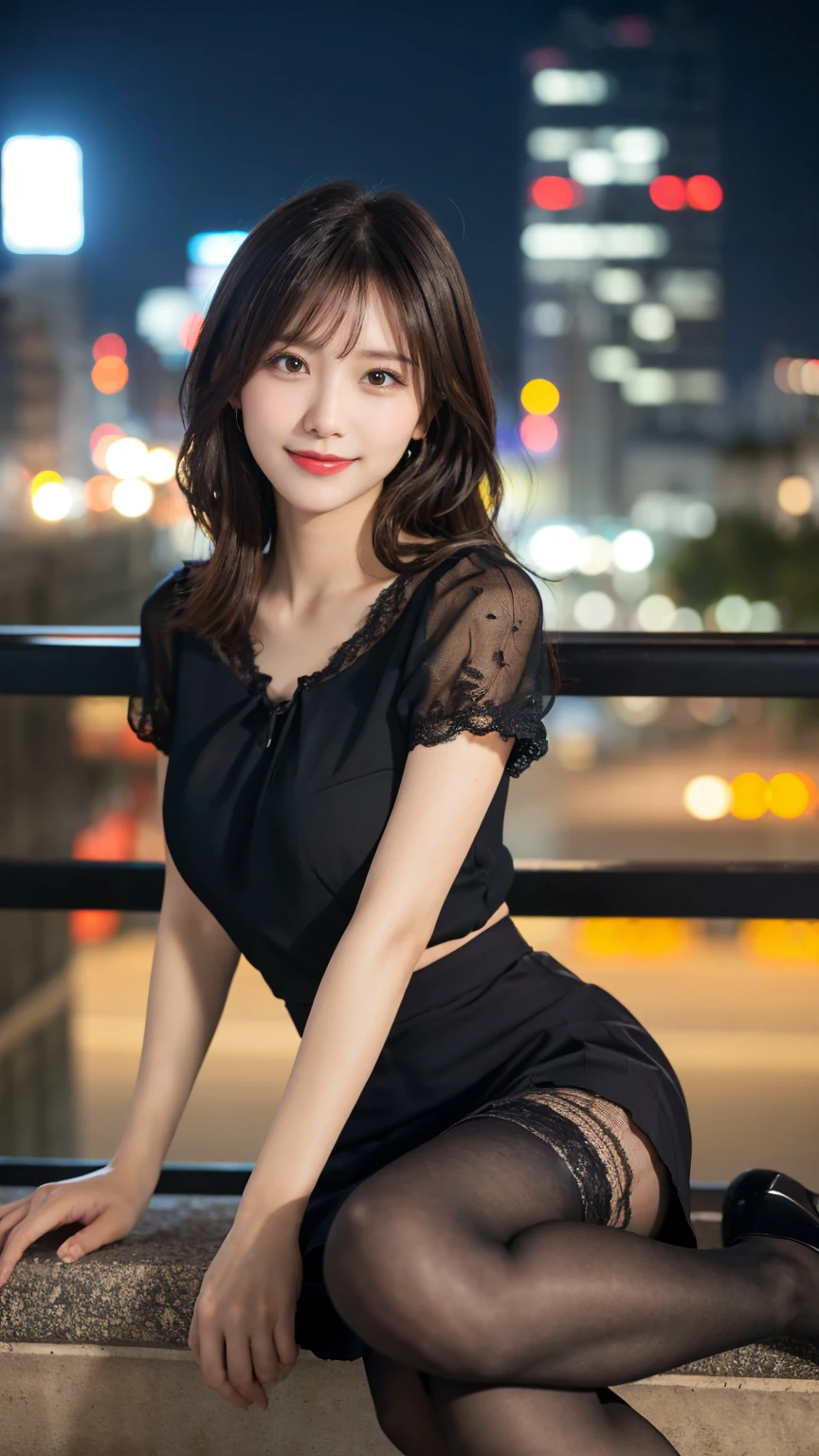 8k, masterpiece, RAW photo, highest quality, realistic, Highly detailed CG Unity 8k wallpaper, written boundary depth, cinematic light, ((big breasts)),Lens flare, ray tracing, (very beautiful face, beautiful lips, beautiful eyes), face with intricate details, ((highly detailed skin)) 1 girl, in the dark, deep shadow, cute korean girl, K-POPアイドル,(very slim slender fit-muscled body), ((looking at the viewer)),(big smile), city night, (neon sign), (blurred background), midnight, (Vacant cities), (with no people in the background), pretty asian girl, earrings, bracelet, necklace, clear eyes, shot, (white skin), look forward to, (Big eyes), ((close up shot)), (ponytail) (looking at the viewer), ,((smile)), ((lace top)), ( very slim), (silk shirt), (silk skirt)