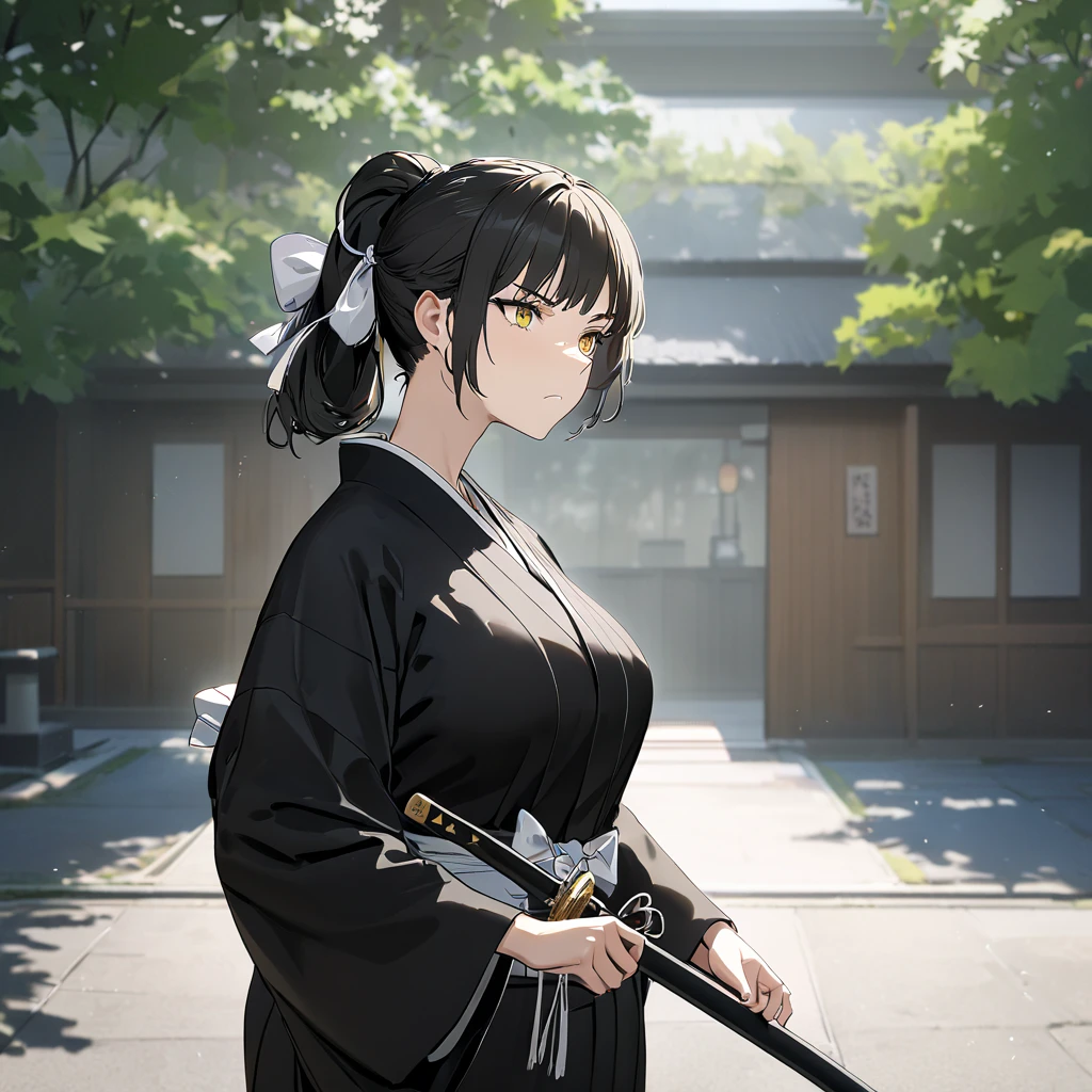 A woman wearing a traditional black kimono with white details, large breasts, black hair, long hair, ponytail hair, white bow in her hair, yellow eyes, serious face, holding a katana with sheath, standing outside a Japanese dojo, tree sakura around, concrete walkway with garden in the background,,UHD , prime work , accurate , anatomically correct , textured skin , super details , high quality , best quality, 8k, high resolution, bokeh effect. (woman alone)
