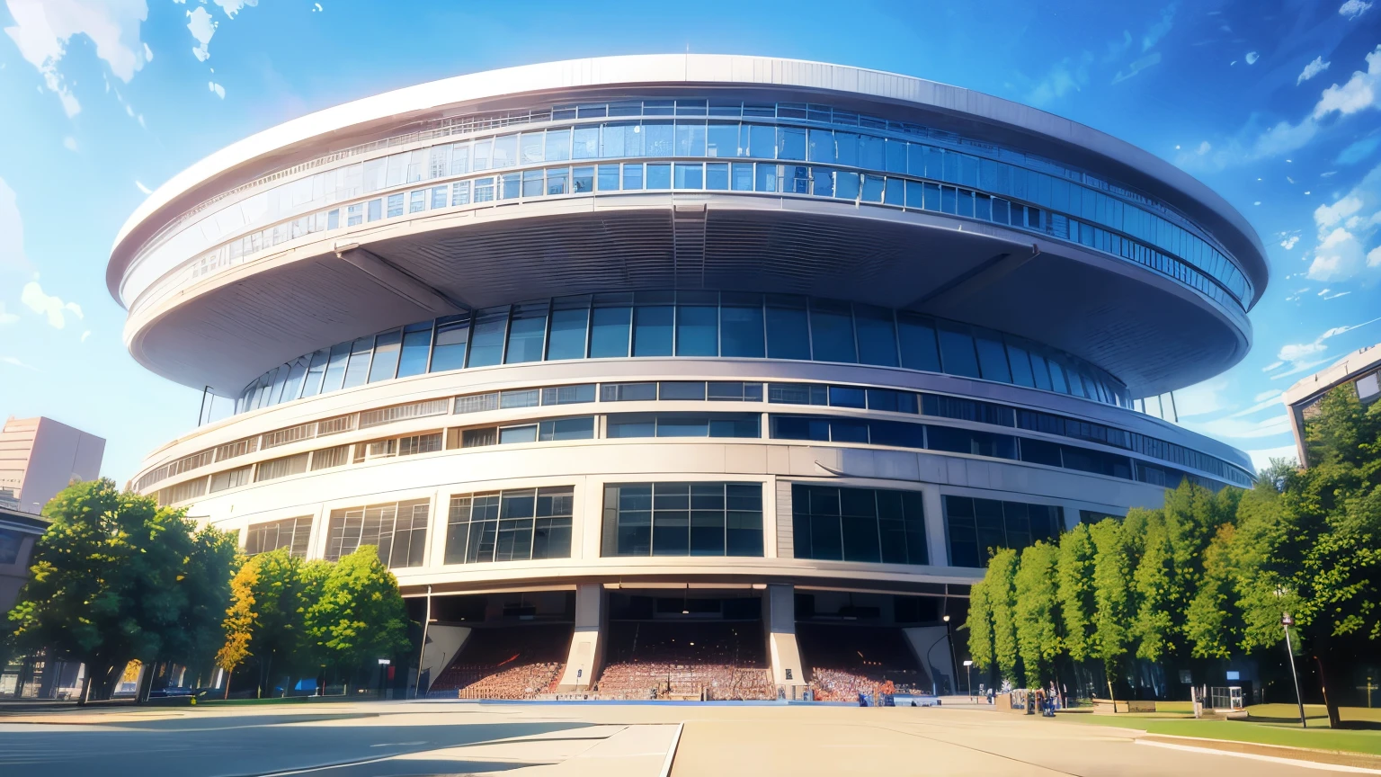 modern theater, building, high tech, concert, stadion, magestic building, city background, tree,